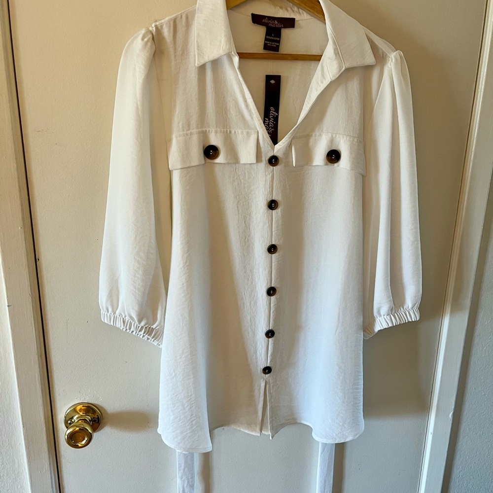 Olivia & Martin White Blouse with Dark Buttons And Waist tie